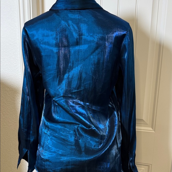 Gorgeous‎ Satin-Shine Button Front Blouse, Cobalt Blue Rayon Blend, Small - Picture 3 of 9